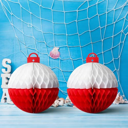 Fourluoo 12 Pcs Gone Fishing Party Decorations Fishing Bobbers Floats Honeycomb Ball for Fishermen Party Supplies Bobber Paper Hanging Ceiling Sign for Birthday Baby Shower Decor(Red,7.9 x 9 Inch) - size: 7.9 x 9 Inch