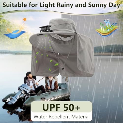 Maiteenly 2 Pcs Solar Fan Hat for Men with Neck Flap Bucket Fan Buit in Hats for Hiking Fishing Outdoor USB and Solar Powered - color: Black, Light Gray