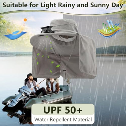 Maiteenly 2 Pcs Solar Fan Hat for Men with Neck Flap Bucket Fan Buit in Hats for Hiking Fishing Outdoor USB and Solar Powered - color: Black, Light Gray
