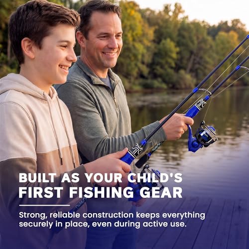 DaddyGoFish Spinning Fishing Rod and Reel Combo Set with Tackle Box | Kids Fishing Pole | Carbon Fiber Telescopic Fishing Rod Kit | Spinning Reel for Travel Saltwater Freshwater Fishing Gear Kit - color: Blue