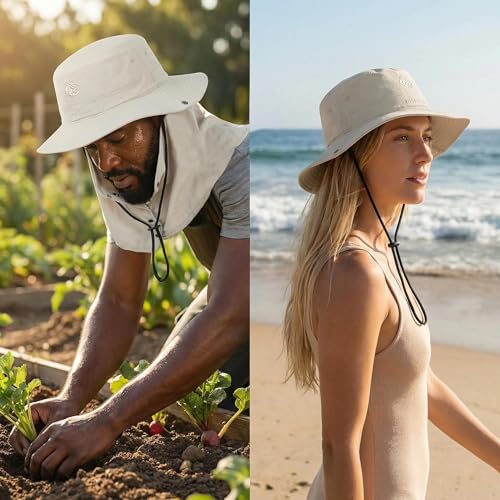 Bucket Hat for Men Women,Waterproof Sun Hat UV Protection with Detachable Face Neck Flap for Outdoors - color: Grey+green