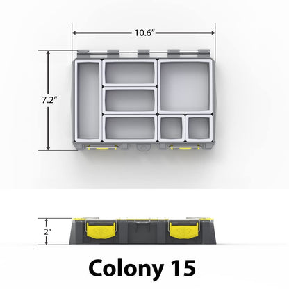 BUZBE Colony 15 Modular Tackle Box, Customizable Waterproof Plastic Organizer, Fishing Tackle Storage, Small Parts Box, Grey and Yellow - style: Colony 15 with Bins