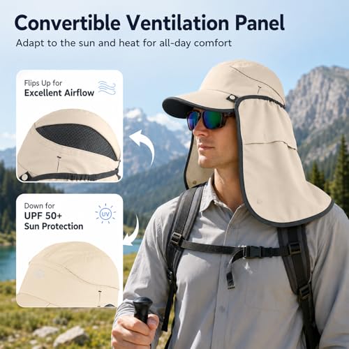 Palmyth Fishing Sun Hat with Detachable Neck Flap UPF 50+ Baseball Cap | Convertible Ventilation Panel, Sunglass Lock, Water Resistant, Foldable, Ventilation Holes, 3 Ways to Wear, Men & Women - color: Beige