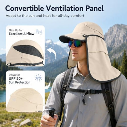 Palmyth Fishing Sun Hat with Detachable Neck Flap UPF 50+ Baseball Cap | Convertible Ventilation Panel, Sunglass Lock, Water Resistant, Foldable, Ventilation Holes, 3 Ways to Wear, Men & Women - color: Beige