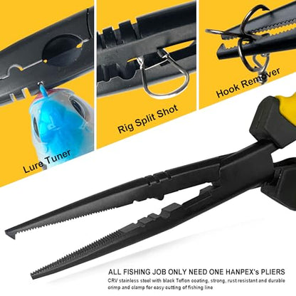 Hanpex-9 inch Fishing Pliers with Anti-Rust Teflon Coated, Freshwater/Saltwater Fishing Tools, Comfort Grip Handles Fishing Gear Idea for Fishing Trip - style: 9" Split Ring Nose