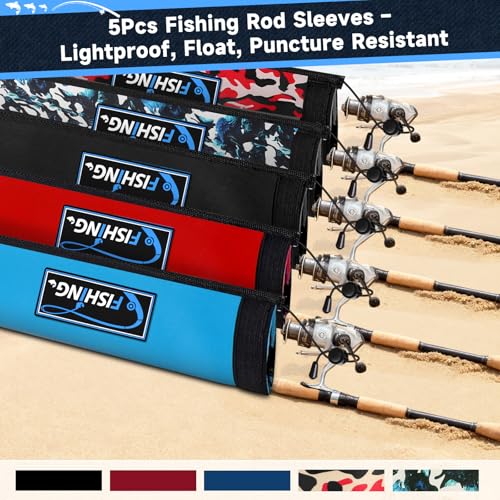 Neoprene Fishing Rod Sleeves for Casting, Spinning, Trolling Pole - Protective Cover Rod Sock with Hanging Loop & Lanyard- Floating, Puncture Resistant, Lightproof - size: 58", style: 5 Pcs