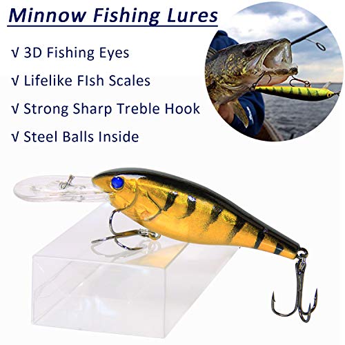 Fishing Lures Hard Bait Minnow Swimbait Crankbait Jerkbait Lure with Treble Hooks 3D Eyes Freshwater Saltwater Fishing Lures for Bass Trout Walleye Pike Catfish - color: B-10pcs-3.9in/0.35oz