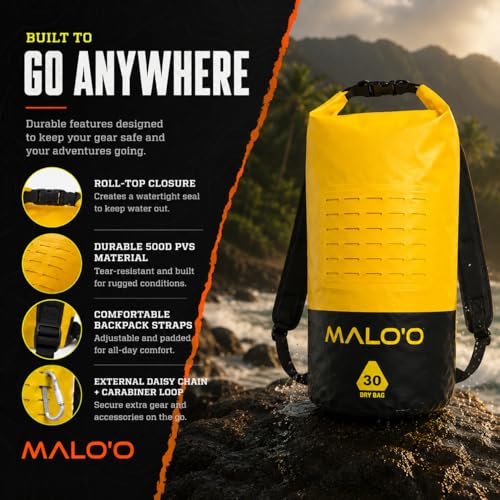 Malo’o DryPack 30L Waterproof Kayak Dry Bag, Heavy Duty Roll-Top Dry Bag with MOLLE Grid and Carry Straps for Fishing, Paddle Boarding, Boating, Camping, and Travel, Yellow - color: Yellow, style: 30l Dry Bag