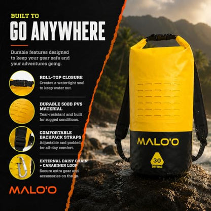 Malo’o DryPack 30L Waterproof Kayak Dry Bag, Heavy Duty Roll-Top Dry Bag with MOLLE Grid and Carry Straps for Fishing, Paddle Boarding, Boating, Camping, and Travel, Yellow - color: Yellow, style: 30l Dry Bag