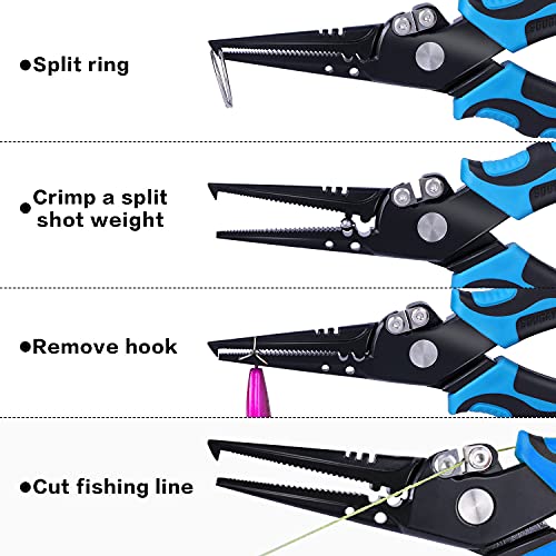Sougayilang Fishing Pliers,Sheath and Lanyard Tungsten Carbide Cutters,420 Stainless Steel Fishing Tools,Saltwater Resistant Fishing Gear with Rubber Handle-7.5'' Split Ring Nose - Blue - color: 7.5'' Split Ring Nose-blue
