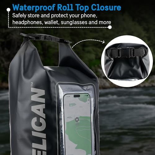 Pelican Marine IP68 Waterproof Dry Bag 5L with Phone Pouch/Case - Black | Roll Top Waterproof Backpack with Touchscreen Phone Pouch - Swimming, Kayaking, Camping, Rafting, Fishing & Travel Essentials - color: Stealth Black, size: 5L