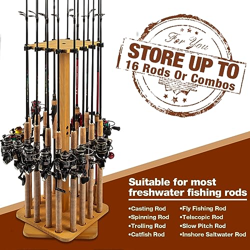 Ghosthorn Fishing Rod Holders for Garage 360 Degree Rotating Fishing Pole Rack, Floor Stand Holds up to 16 Rods Wood Fishing Gear Equipment Storage Organizer, Fishing Gifts for Men Women - style: nature-new