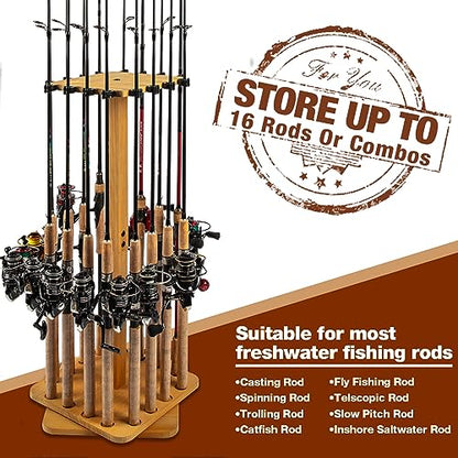 Ghosthorn Fishing Rod Holders for Garage 360 Degree Rotating Fishing Pole Rack, Floor Stand Holds up to 16 Rods Wood Fishing Gear Equipment Storage Organizer, Fishing Gifts for Men Women - style: nature-new