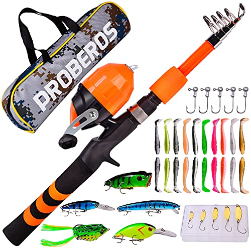 PROBEROS Kids Fishing Pole - Portable Telescopic Fishing Rod and Reel Combo Kit - Spincast Fishing Reel Casting Rods with Lures Lines Tackle Box and Bag for Boys Girls Youth Fishing - color: Orange, size: 1.5M/4.9Ft