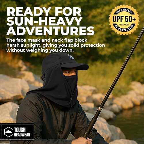 Tough Headwear Fishing Cap w/Face Mask & Neck Flap - Sun Protection Hat with UPF 50 -Landscaping Hats for Women and Men - color: Black