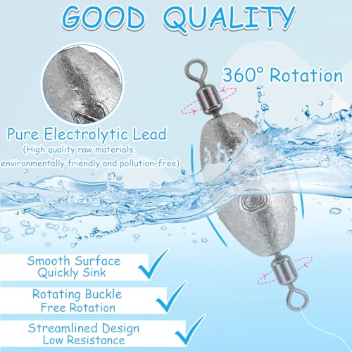 Fishing Weights Sinkers Inline Trolling Fishing Sinkers Egg sinkers with Inner Swivels Oval Drop Lead Fishing Weights for Saltwater Freshwater Fishing - size: 3/8oz-20pcs