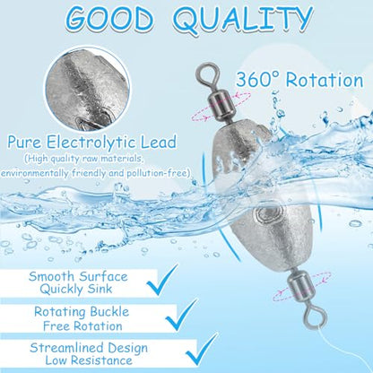 Fishing Weights Sinkers Inline Trolling Fishing Sinkers Egg sinkers with Inner Swivels Oval Drop Lead Fishing Weights for Saltwater Freshwater Fishing - size: 3/8oz-20pcs