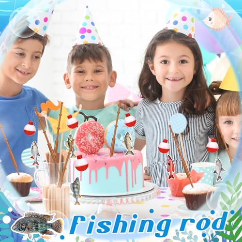 Reallnaive 24 Pcs Fishing Float Cupcake Toppers Fisherman Pole Picks Party Supplies Bulk, 3D Fish Bobber Push Button Round Buoy Floats for Fishing Birthday Party Decorations (Bobber, Fish) - style: Bobber, Fish