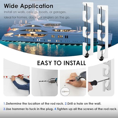 Horizontal Fishing Rod Holder, White Plastic Wall Mounted Fishing Rod Rack, Fishing Pole Holders for Boat, Garage, Pack of 2