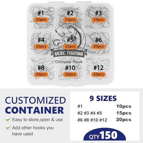 UCEC Octopus Hooks Saltwater Freshwater, Small Fishing Hooks 1000/400/150PCS Barbed Catfish Bend Eye Circle Hook, for Dad Fish Hook Kit Size1/0#1#2#3#4#5#6#7#8#9#10#11#12 - color: 150PCS Size: #1 #2 #3 #4 #5 #6 #8 #10 #12
