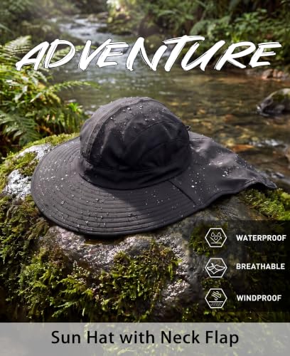Home Prefer UPF 50+ Sun Hats for Men Women Wide Brim Fishing Hat with Neck Flap UV Protection Sunblock Safari Bucket Hat - color: Black
