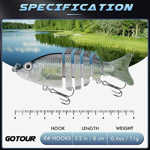 GOTOUR Jointed Swimbaits, Easy Catch Fishing Lures for Bass Trout Crappie | Wiggling Vibrating Rattling Gurgling for More Bites, Heavy-Duty Dyneema Fiber, Slow Sinking, Fresh & Saltwater Fishing Baits - color: B2-3.2"-0.4oz