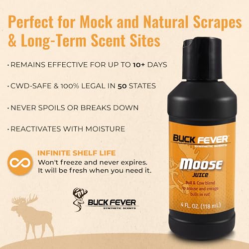 Buck Fever Moose Juice, Syntheticly Formulated Moose Attractant - Non-Spoiling Synthetic Bull Scent for Outdoor Trail Camera - Early Season Mature Buck Hunting Scents - size: 4 Fl Oz (Pack of 1)