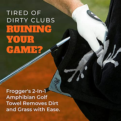 Frogger Amphibian 2-in-1 Golf Towel with Wet and Dry Technology, Black/Grey, Premium Golf Bag Accessory with Carabiner Clip, Ultra Absorbent, for Golf Dads - color: Black/Gray
