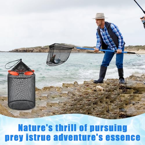 Lasnten 2 Pcs Extra Large Foldable Floating Fish Basket for Live Caught Net Collapsible Floating Fishing Basket with Long Robust Telescopic Handle Rubber Mesh Net Bait for Bait Live Well Storage