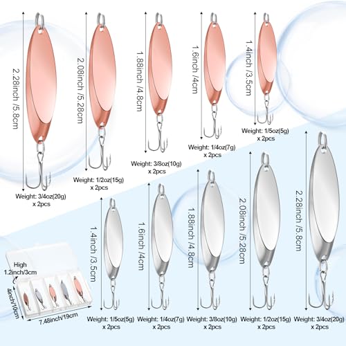 HESTYA Fishing Lures Spoons Saltwater Treble Trout Lures Hard Metal Spinner Baits 5 Sizes Casting Spoon Hooks for Salmon Bass in 1/5 1/4 3/8 1/2 3/4 oz - color: Silver, Rose Gold