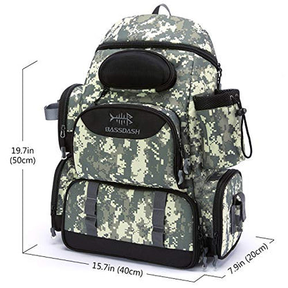 BASSDASH Fishing Tackle Backpack Water Resistant Tactical Bag Soft Tackle Box with Rod Holder and Protective Rain Cover - color: Jungle Camo Backpack [3600] Without Trays