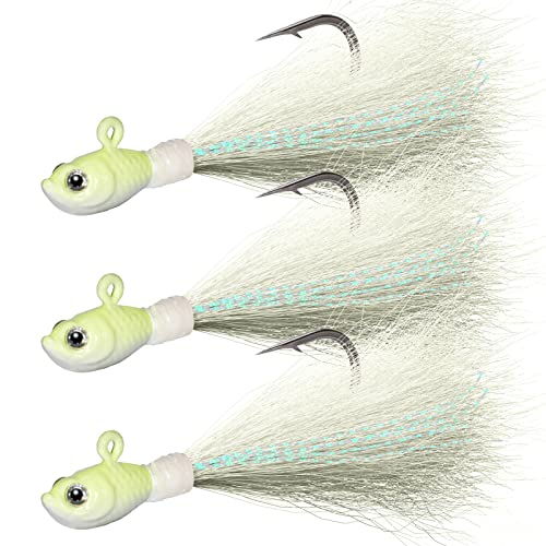 Dr.Fish 3 Pack Bucktail Jig Lure Hair Jig Saltwater Freshwater Lures Surf Fishing Bass Flounder Striper Bluefish Halibut Redfish - color: Glow in Dark(pack of 3), size: 1 oz