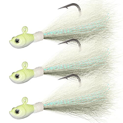 Dr.Fish 3 Pack Bucktail Jig Lure Hair Jig Saltwater Freshwater Lures Surf Fishing Bass Flounder Striper Bluefish Halibut Redfish - color: Glow in Dark(pack of 3), size: 1 oz