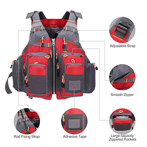Lixada Fly Fishing Vest Fishing Jacket Breathable Polyester Mesh Design Fishing Vest - color: Red