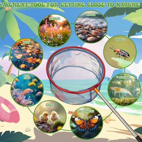 2 Pack Telescopic Kids Fishing Net with Handle, 2 Collapsible Bucket Sand Pail, Stainless Steel Foldable Fishing Net Small Fishing Butterfly Bug Net Beach Shovel with Storage Bag - color: Blue Red Yellow Green