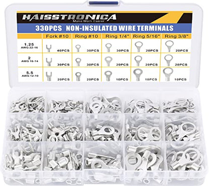 haisstronica Ring Terminals,330PCS Non-Insulated Wire Connectors Kit,Brazed Seam Fork Ring Terminals of Tinned Red Copper,AWG 22-10 Electrical Wire Crimp Connectors - size: AWG 22-10