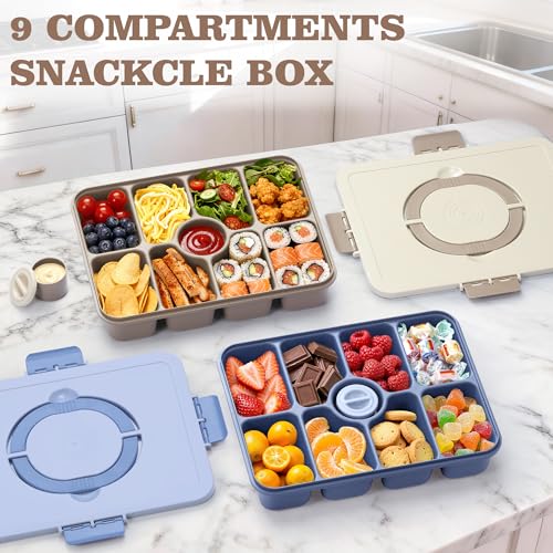Snackle Box Container, Divided Serving Tray with Lid and Handle, 9 Compartments Snack Box Container for Adults, Portable Charcuterie Serving Platter for Candy Fruit, 9.9 Cups, Brown - color: Brown