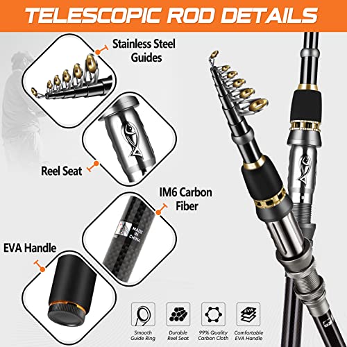 PLUSINNO Fishing Rod, Telescopic Fishing Rod and Reel Combo, Collapsible Travel Fishing Pole Rod Starter Kit, Carbon Fiber Fishing Rods and 12 +1 Bearings Stainless Steel, Fishing Gifts for Men Adults - color: 2PACK Full Kit with Carrier Case, size: 1.8m