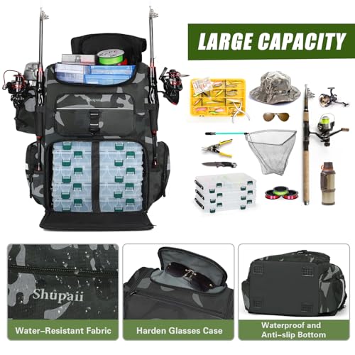 Fishing Backpack with 2 Rod Holders, Large Water Resistant Tackle Storage Bag for Fishing Gear, Fishing Bag Gifts for Men - color: Camouflage