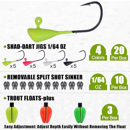 XFISHMAN-Trout-Fishing-Lure-Kit 165-Piece Creek & River Fishing Set with Split Tail Grub Worms, Shad Dart Jig Heads, Floats & Sinkers Ideal for Seasonal Trout Crappie Panfish