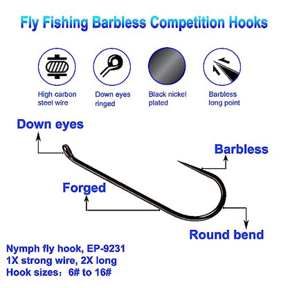 Eupheng 100pcs Plus Best Barbless Competition Fly Fishing Hook Collection, Dry Nymph Strimp&Pupa, Pupa jig Fly Hooks High Carbon Competition Hook - color: Nymph Fly Hook EP-9231, size: 6#