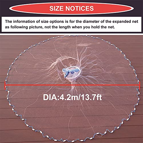 Cast Fishing Net with Aluminum Frame, 0.8 inch Mesh, 7.8-13.8 ft Diameter - color: White, size: Dia: 13.8FT (metal sinker)