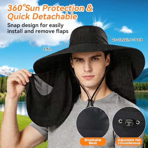 Super Wide Brim Fishing Hat UPF 50+ Sun Safari Hat with Removable Neck Face Flap - color: Black