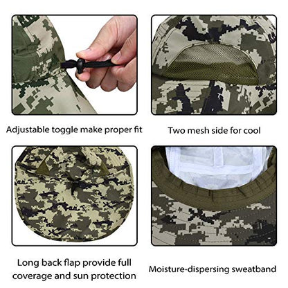 Tirrinia Wide Brim Sun Hat with Neck Flap for Men & Women, Breathable Hiking Fishing Safari Hat, Outdoor UV Protection Cap - color: Digital Camo Green