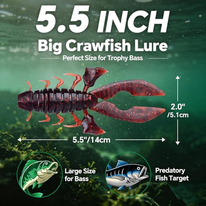 Crawfish Lure 5.5", Soft Plastic Crawdad Creature Bait with Rattles, Weedless Bass Fishing Lure, Realistic Fishing Lures for Freshwater & Saltwater, 3 Pack Red Green Blue - color: Red (box)