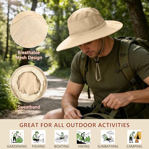 ZOORON Sun Hats for Men Women Fishing Hat with Neck Flap,UPF 50+ Sun Hat Waterproof Wide Brim Bucket Hats for Safari Hiking - color: 1-beige-arm Sleeves