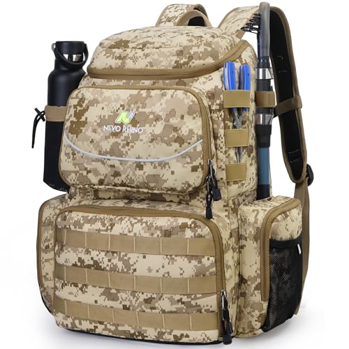 N NEVO RHINO Fishing Tackle Backpack with Rod Holders, 40L Large Fishing Bag with Waterproof Rain Cover,Outdoor Tackle Bag - color: Camouflage Yellow Pack without 4 Trays, size: Pack without 4 Trays