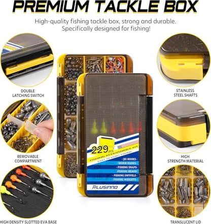 PLUSINNO 253/387pcs Fishing Gear Accessories Kit, Fishing Tackle Box with Tackle Included, Fishing Hooks, Fishing Weights Sinkers, Spinner Blade, Fishing Equipment for Bass Trout Bluegill Crappie - color: 229pcs Fishing Accessories Kit
