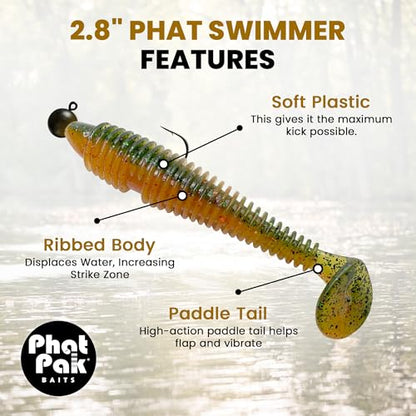 Phat Pak Baits - Phat Swimmer Keitech Style Paddletail Swimbait 2.8" 30ct Ribbed Scented Soft Plastic Bass Fishing Lure - color: Green Money Minnow
