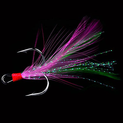 AMHDV Feather Fishing Hooks Strong Treble Hooks Size 2 4 6 8 10 (Pack of 20) - color: Pink and green, size: 4#